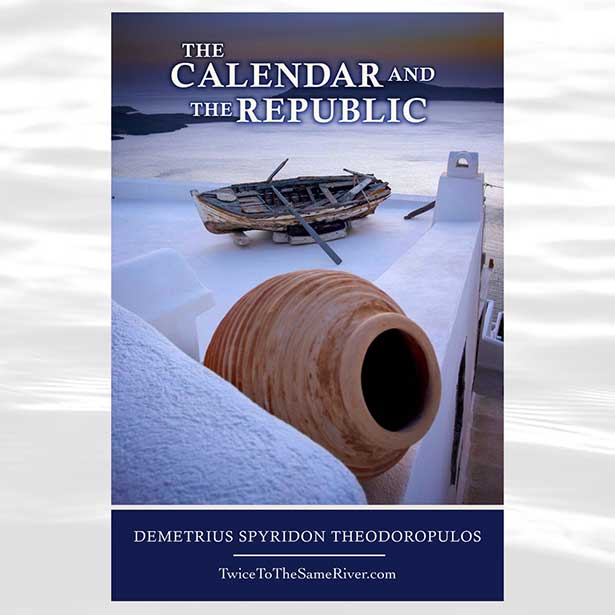 An old, rotten row boat and terra-cotta pot sit on the roof of a white Greek house, the Mediterranean in the background - The Calendar And The Republic book cover.